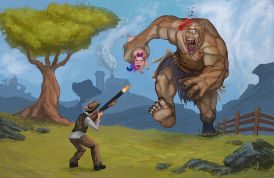 Giant Cyclops Stealing A Prize Blue Ribbon Pig Running Towards A Farmer Firing A Shotgun - Digital Fantasy Painting