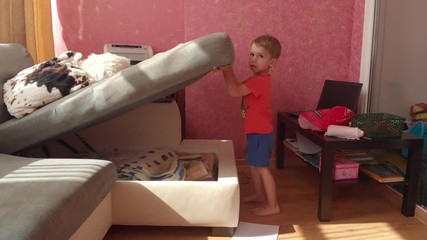 the child lifts the sofa