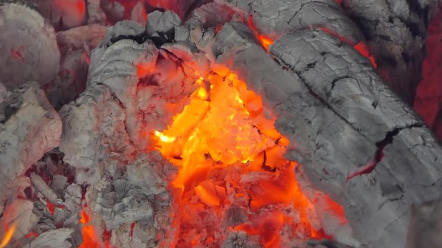 Dolly shot of glowing flame from charcoal and firewood in kiln. abstract backgrounds