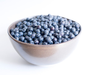 Blueberries in a cup on a white background closeup.