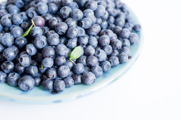 Blueberries on a blue plate on a white background close up, top view.