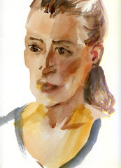 Beautiful women face. Serious girl portrait. Watercolor painting on white background.