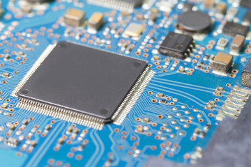 close up of Old electronic circuit chip on pcb board