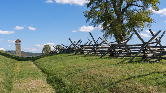 A view down the Sunken Road, or Bloody Lane, looking towards the observation tower, site of one of the bloodiest battles at Antietam National Battlefield in Sharpsburg, Maryland.
