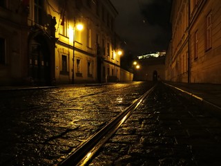 Old City Historic Street Romantic Road View with Lamp at Night