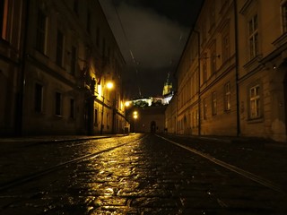 Fototapeta na wymiar Old City Historic Street Romantic Road View with Lamp at Night