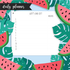 Day planner concept. Blank. Tropical summer background. Watermelon and monstera leaves. Hand drawn vector flat illustration. 