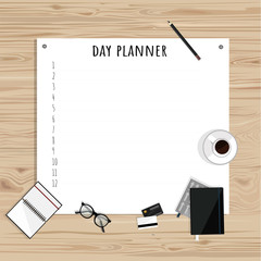 Day planner template. Desktop with paper planner, cup of coffee, glasses, credit cards, notebook. Hand drawn vector flat illustration. 