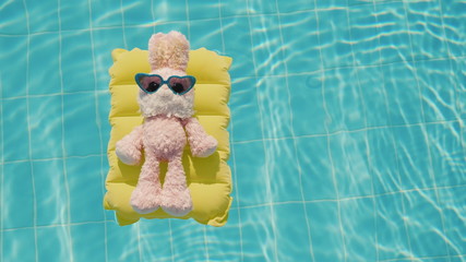 A cool rabbit in sun glasses glows on an inflatable mattress. Floats in the pool. Vacation with...