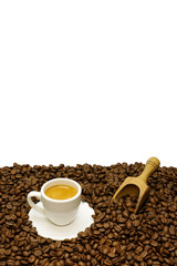 Hot coffee espresso with coffee beans
