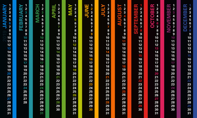 Creative wall calendar 2019 with vertical rainbow design, sundays selected, english language. Multicolored template for web, business, print, postcard, wall, bookmark and banner.