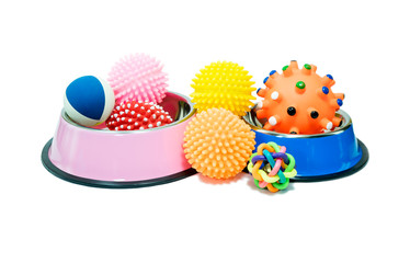 Bowls stainless steel and rubber toys for pet on isolated white background.