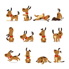 Cartoon dog set. Dogs tricks and action digging dirt eating pet food jumping sleeping running and barking vector illustration