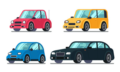 Fototapeta na wymiar Different flat cars. Cheap motor car on wheels, family hybrid sedan passenger suv luxury premium vehicle vector illustration