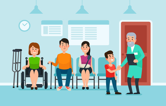 Doctor Waiting Room. Patients Wait Doctors And Medical Help On Chairs In Hospital. Patient At Busy Clinic Hall Vector Illustration