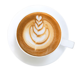 Top view of hot coffee cappuccino latte art isolated on white background, clipping path included