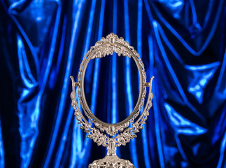 elegant Victorian silver baroque frame, blue silk fabric