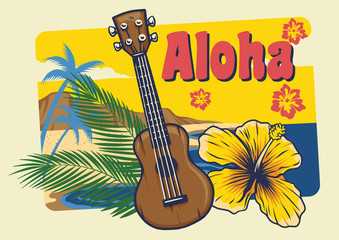 aloha hawaii ukulele in vintage style - obrazy, fototapety, plakaty