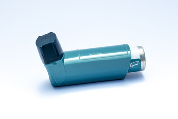 Granada, Spain; July 01, 2018: Blue color inhaler on white background