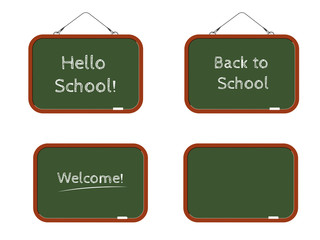 Set of green school boards with white inscriptions "Back to school", "Welcome" and "Hello school" and blank template for your text, isolated on white