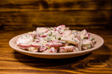 Vegetarian salad with radish, green onion and sour cream on a ceramic plate