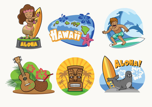 Hawaii cartoon badge design in set