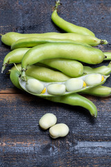 New harvest of healthy vegetables, green fresh raw big broad beans close up