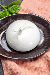 Fresh soft white burrata, ball buttery cheese, made from a mix of mozzarella and ricotta cream, original from Apulia region, Italy, very popular soft cheese in USA