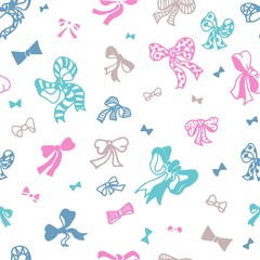 Colored bows on white background seamless vector pattern. For surface patterns design, packaging, textile, gift wrapping paper