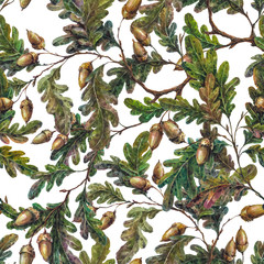 Watercolor elegant seamless pattern made of oak tree branches, twigs, leaves and acorns. Foliage boho background, botanical illustration, vintage style decoration, rustic natural wrapping paper. 