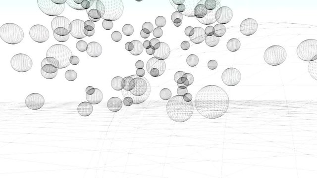 The skeletons of balls fly and jump on a white background. Abstract animation of geometric figures moving in 3D space with arbitrary rotation. Structural image of circles.
