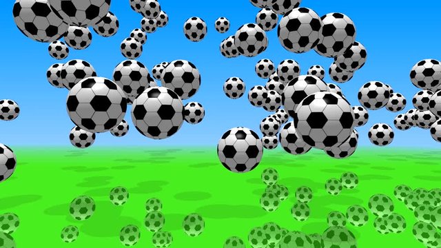Soccer balls fall from the sky and roll across the field. Animation movie 3D elements on a blue and green background.