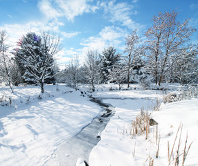 snow covered park with a stream running through it