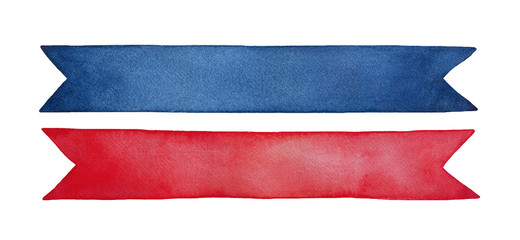 Small collection of two empty decorative ribbons, bright red and dark blue colours. Hand drawn watercolour graphic painting on white, isolated clip art elements for design, decor, scrapbooking.