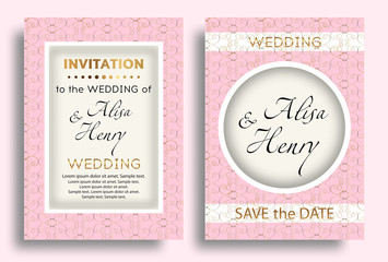 Wedding invitation pink template. Set elegant background with golden ornaments greeting card. Vector illustration.