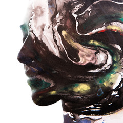 Paintography. Double exposure portrait of a young, naturally beautiful girl combined with hand...