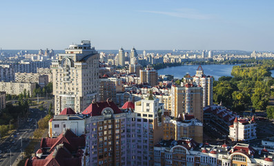 Aerial view on river Dnepr in green Obolon area of Kyiv city