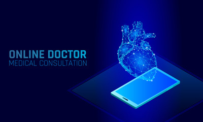 Doctor online medical app mobile applications. Digital heathcare medicine diagnosis concept banner. Human heart smartphone low poly geometric innovation technology vector illustration
