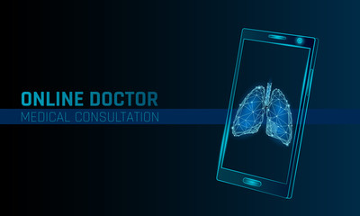Doctor online medical app mobile applications. Digital healthcare medicine diagnosis concept banner. Human lungs pulmonology smartphone low poly geometric innovation technology vector illustration