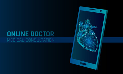 Doctor online medical app mobile applications. Digital heathcare medicine diagnosis concept banner. Human heart smartphone low poly geometric innovation technology vector illustration