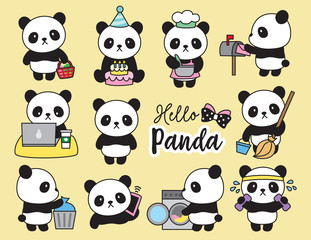 Fototapeta premium Ilustracja wektorowa czynności planowania cute panda, w tym gotowanie, sprzątanie, praca, pranie, ćwiczenia, zakupy spożywcze itp.