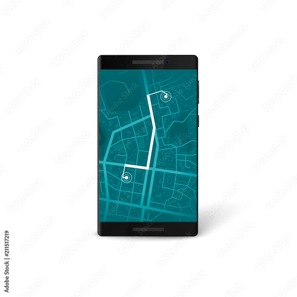 Poster mobile navigation app interface. map and gps navigation concept. city map on phone screen with marke