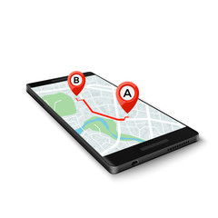 Mobile GPS system concept. Mobile GPS app interface. Map on phone screen with route markers. Vector illustration isolated on white background