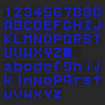 Blue LED digital english uppercase, lowercase font, number display on black background