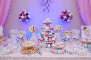 Delicious dessert bar at a wedding, party or event, exhibiting different tiered cake stands, filled with tasty pastel French macarons, bite size profiteroles and pink meringues, cake pops and cupcakes