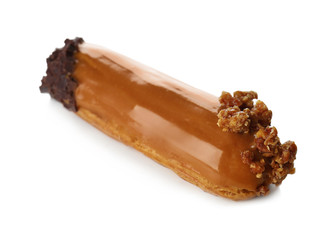 Tasty eclair on white background