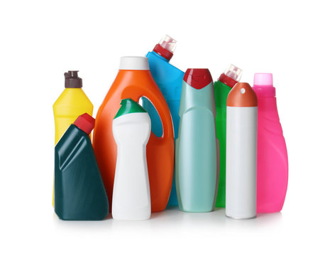 Different detergents on white background. Cleaning supplies