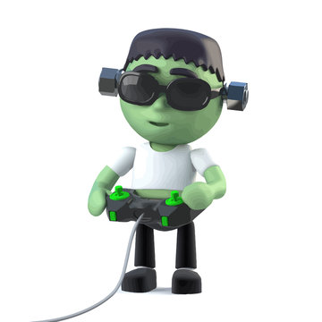 Vector 3d Funny Halloween Frankenstein monster character plays a video game
