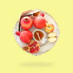 Minimal concept of Rosh hashanah (jewish New Year holiday). Traditional symbols.