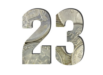 23 3d Number Shiny silver coins textures for designers. White isolated